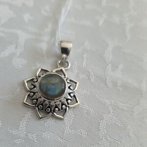 Sterling Silver Lotus Pendant with Blue Labradorite Stone.